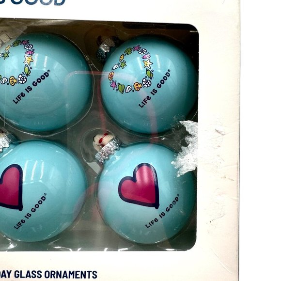 Life Is Good 6 Blue Ornament Balls Red Heart Seashell Heart Decor Christmas - Picture 6 of 9